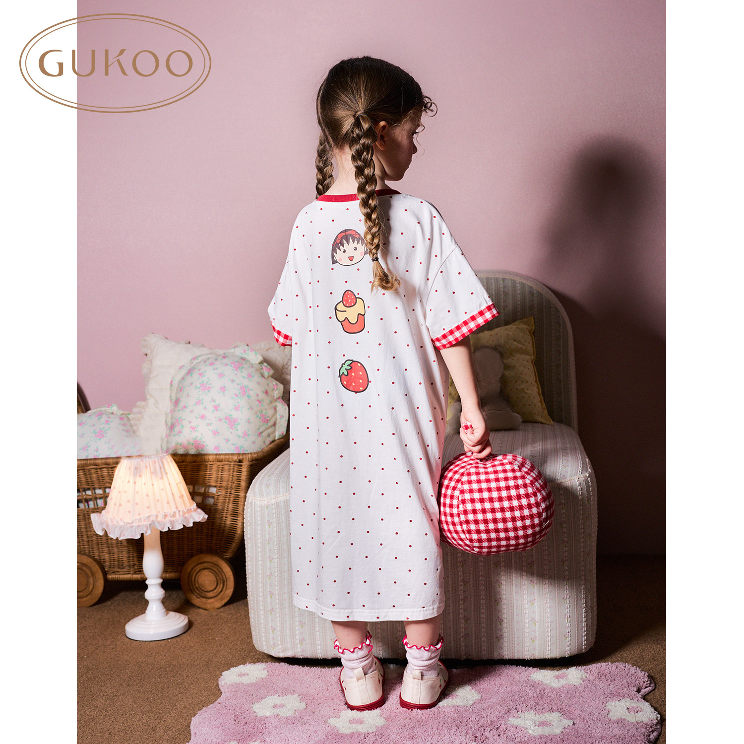 Gukoo/果壳睡衣女童夏季樱桃小丸子联名纯棉家居服儿童睡裙亲子装
