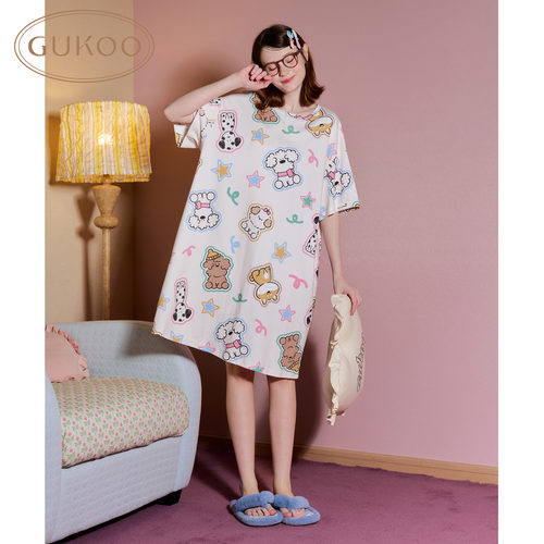 Gukoo/果壳睡衣女夏款卡通满印miiiiichan联名可外穿家居家睡裙