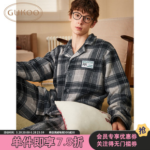 家居服套装 Gukoo 果壳睡衣男冬季 珊瑚绒动物系列格纹保暖舒适开衫