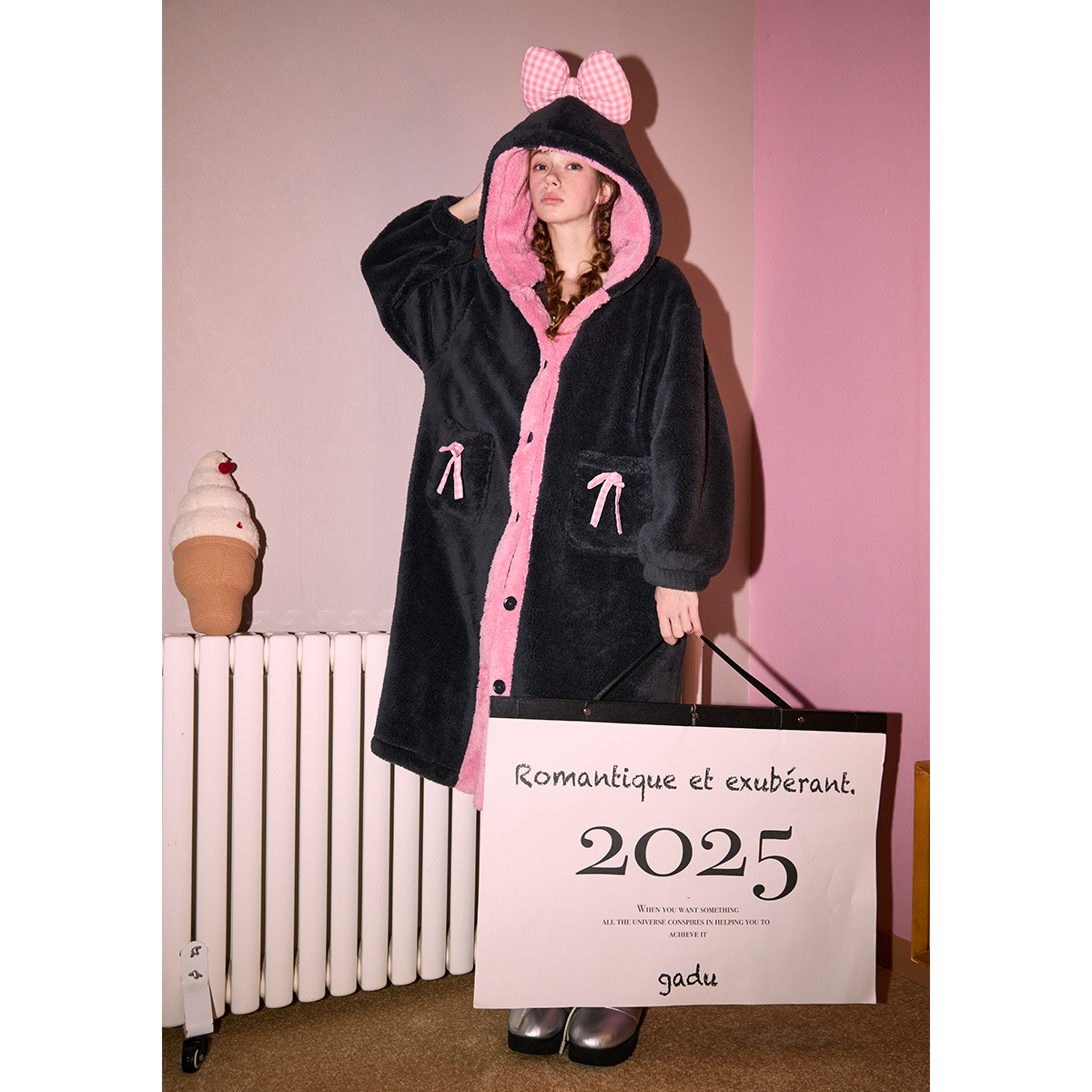 Gukoo/果壳睡衣女秋冬款格子加绒保暖蝴蝶结连帽家居睡袍