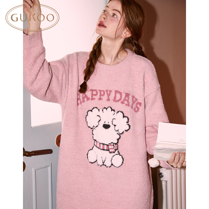 Gukoo/果壳睡衣女冬款miiiiichan系列半边绒甜美睡裙
