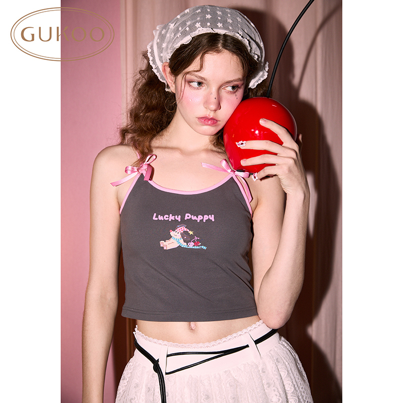 Gukoo/果壳带胸垫背心女夏款轰轰小狗系列甜美蝴蝶结打底吊带
