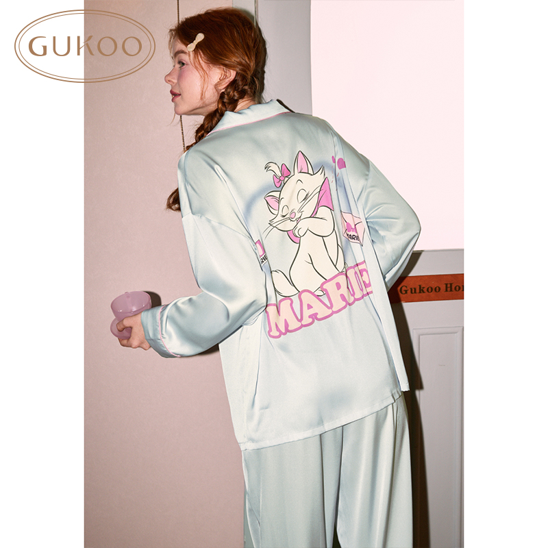 Gukoo/果壳睡衣女春秋款冰丝质感玛丽猫系列长袖家居服套装