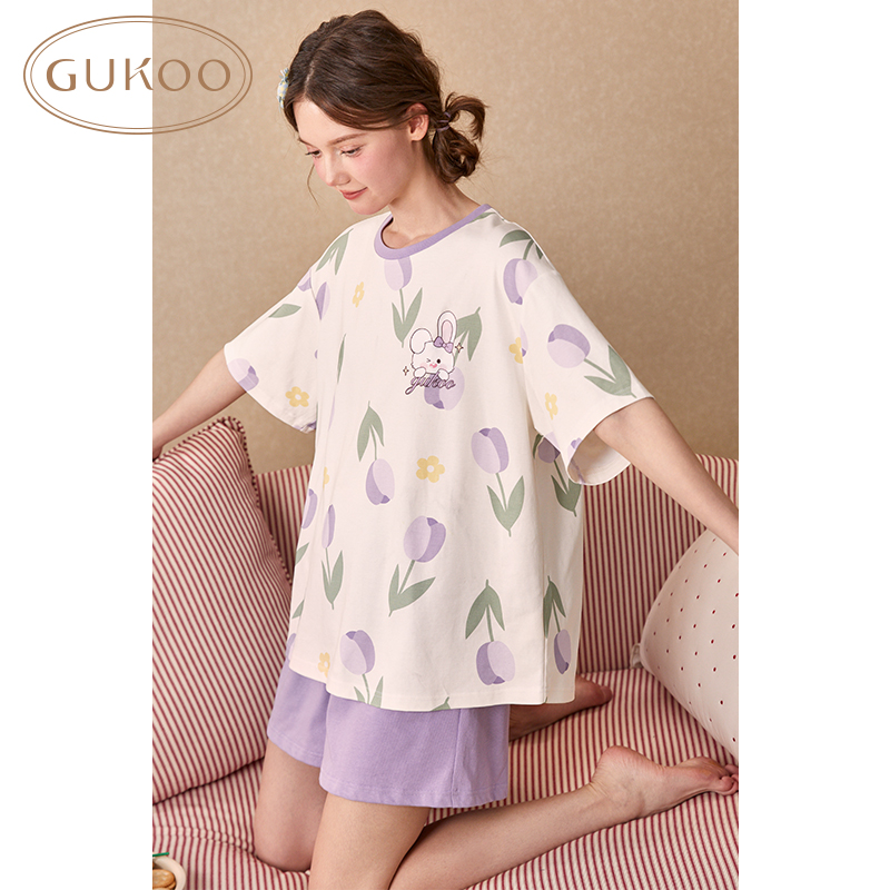 Gukoo/果壳睡衣女夏郁金香满印舒适丝滑可外穿家居服套装