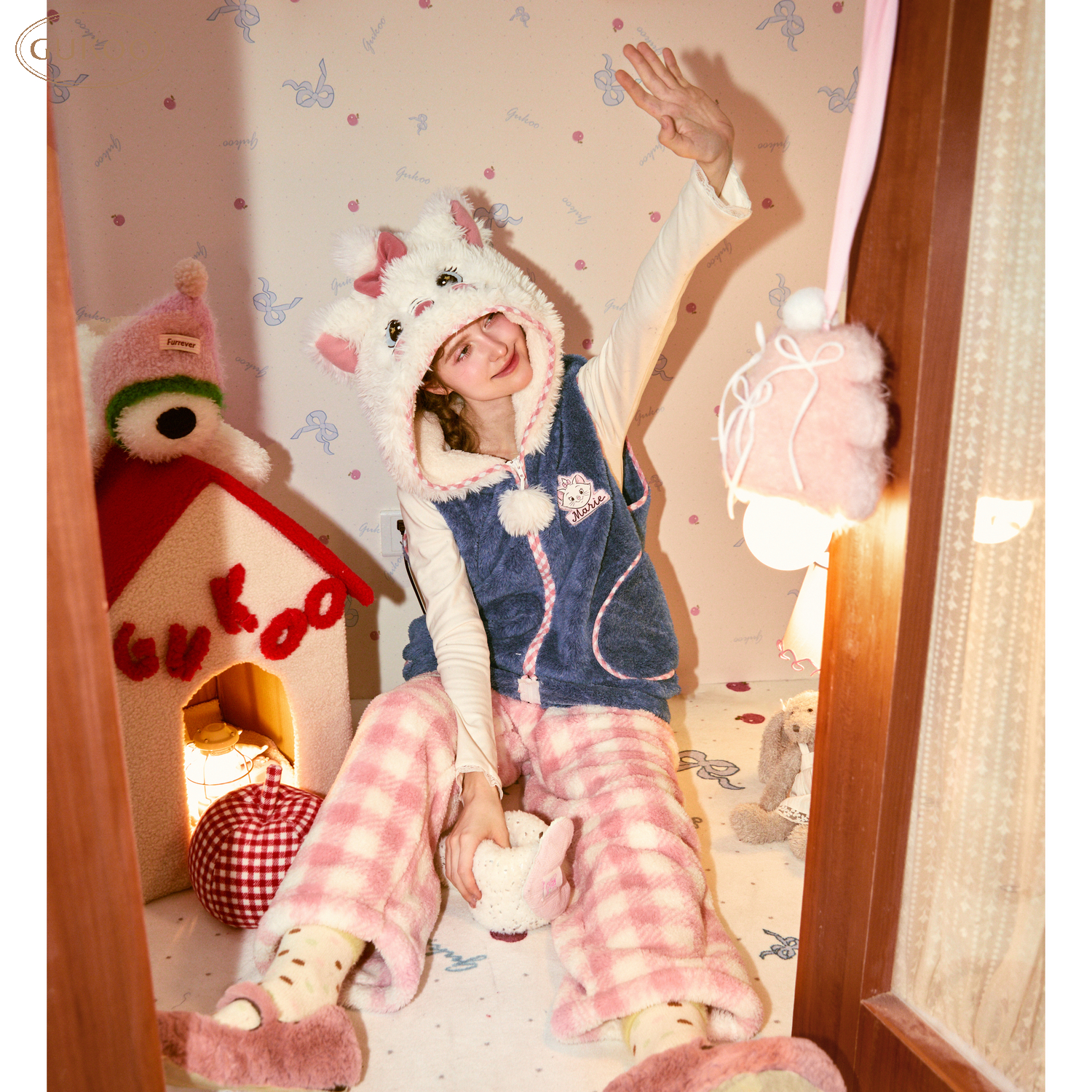 Gukoo/果壳睡衣女冬款加绒玛丽猫系列连帽家居服套装