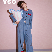 yso睡衣女秋冬款 红品蝴蝶结横条纹可外穿家居服套装