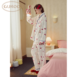 Gukoo/果壳珊瑚绒睡衣女秋冬本命年红色米奇满印开衫家居服套装
