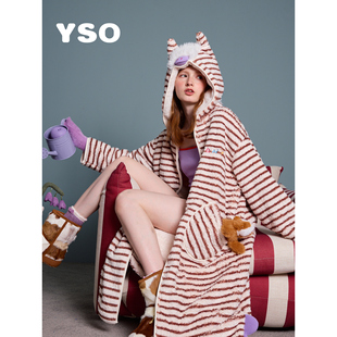 yso睡衣女冬款 酷猫系列加厚加绒条纹睡袍可外穿家居服