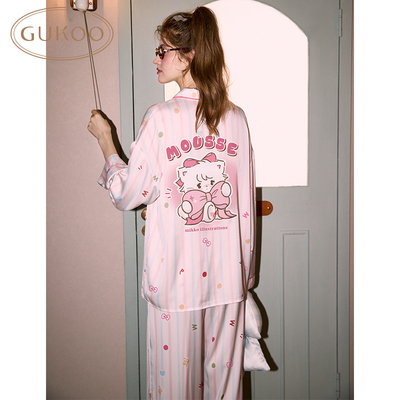 Gukoo/果壳睡衣女春秋款mikko联名竖条纹冰丝少女居家套装