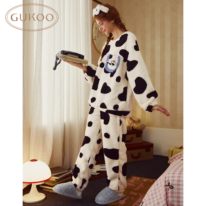 Gukoo/果壳睡衣女冬小狗满印长袖圆领家居服冬套装