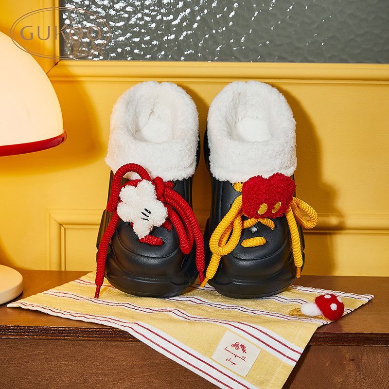 Gukoo/果壳拖鞋女秋冬款米奇系列毛绒包头居家拖鞋