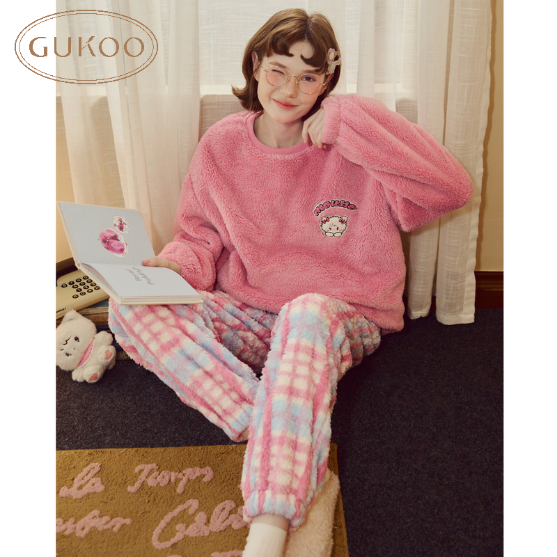 Gukoo/果壳睡衣女冬款加绒格纹mikko联名家居服套装