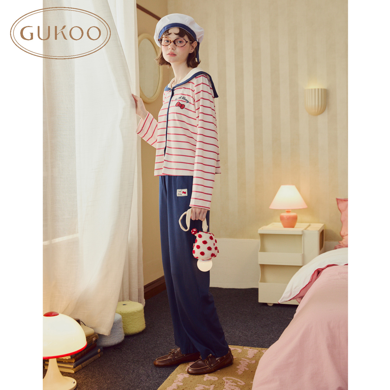 Gukoo/果壳睡衣女春秋长袖海军领条纹印花甜美少女家居服套装