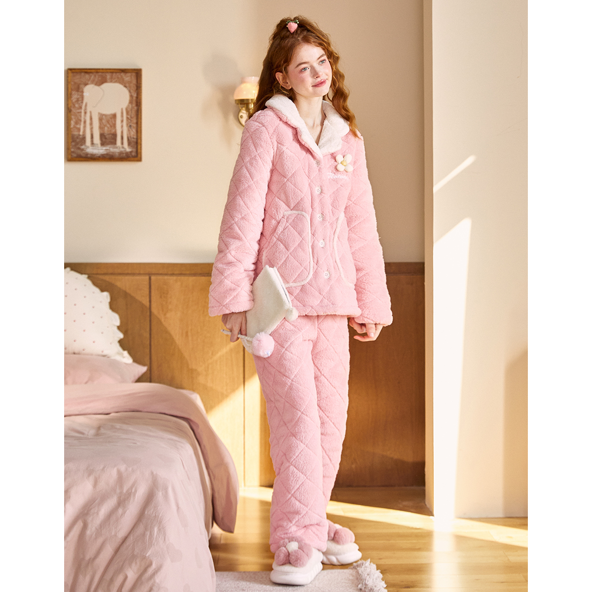 Gukoo/果壳睡衣女冬简约冬款夹棉情侣开衫男家居服套装