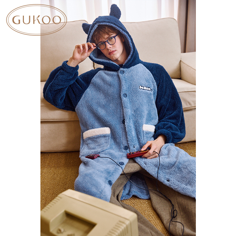 Gukoo/果壳睡衣男秋冬款纯色加绒保暖连帽家居服睡袍