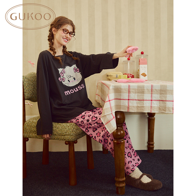 Gukoo/果壳睡衣女春秋hellokitty系列纯棉满印长裤家居服套装
