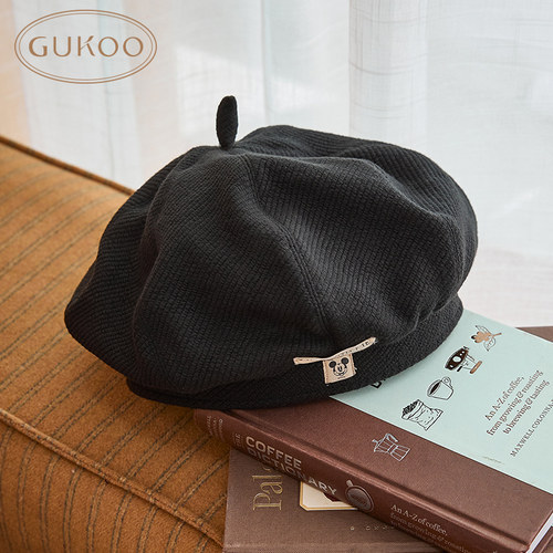 Gukoo/果壳帽子女秋冬款迪士尼联名黑色百搭休闲贝雷帽
