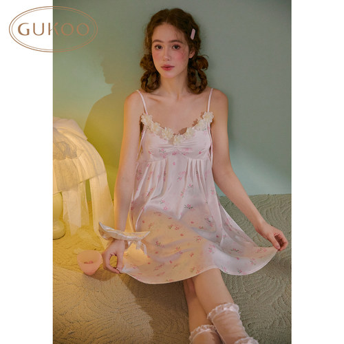 Gukoo/果壳睡衣女夏季新款性感纯欲风碎花满印冰丝质感吊带睡裙