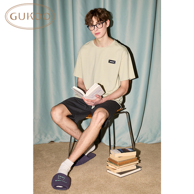 Gukoo/果壳睡衣男夏款纯棉简约纯色短袖家居服套装
