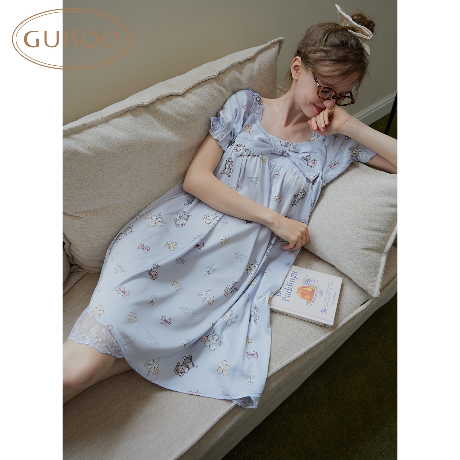 Gukoo/果壳睡衣女夏季小鹿斑比满印冰丝短袖家居服睡裙