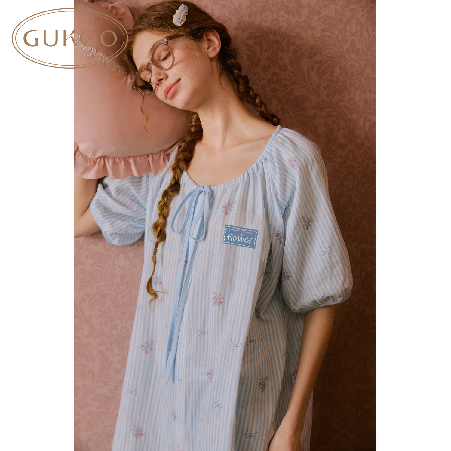 Gukoo/果壳【100%棉双层织纱】睡衣女夏季薄款碎花满印可外穿睡裙