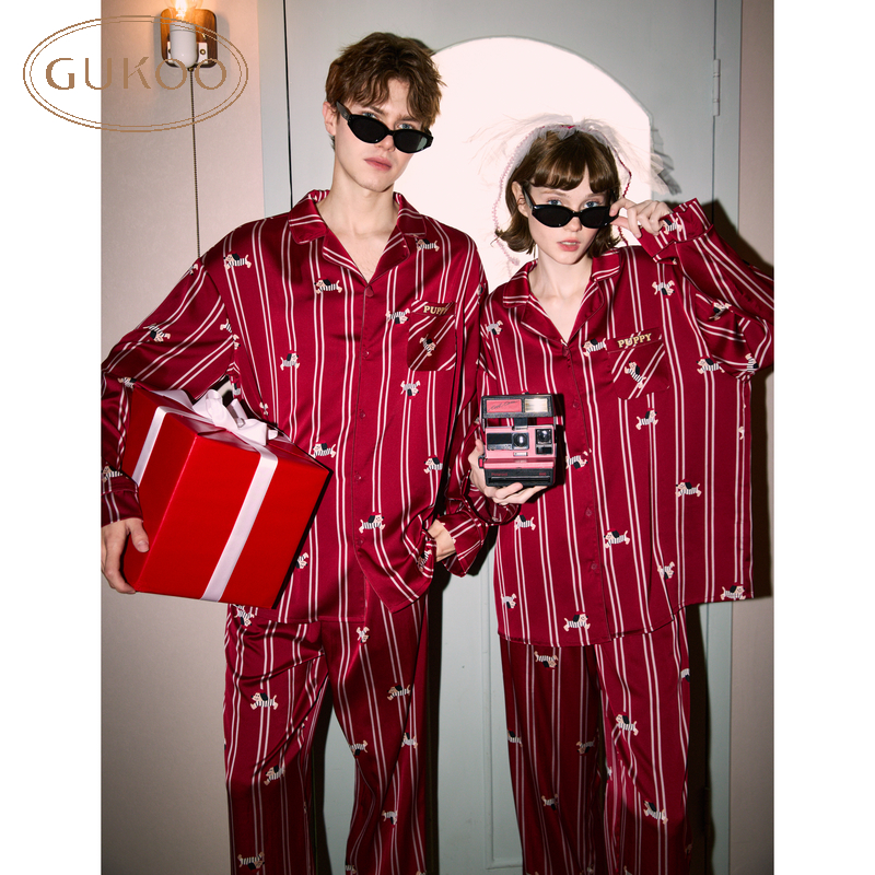 Gukoo/果壳睡衣女春秋款长袖轰轰小狗满印红色情侣家居服套装