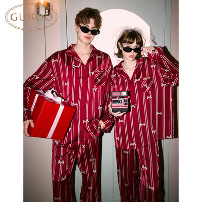 Gukoo/果壳睡衣情侣春秋款长袖轰轰小狗满印红色本命年家居服套装