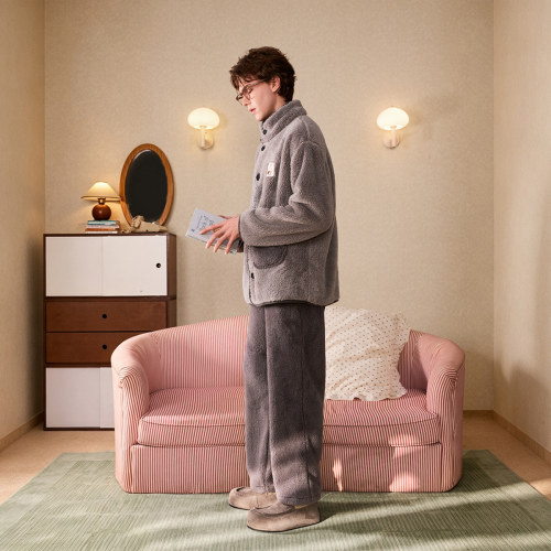 Gukoo/果壳睡衣男秋冬新品轰轰小狗加绒保暖立领开衫家居服套装