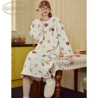 Gukoo/果壳睡衣女秋冬款轰轰小狗满印加绒家居服睡裙