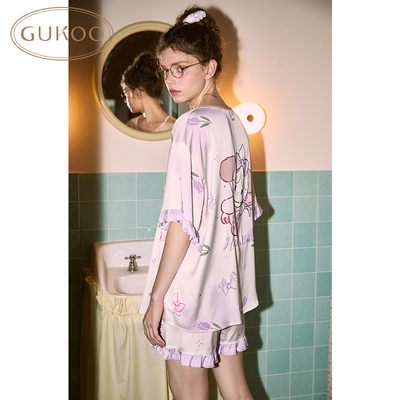 Gukoo/果壳睡衣女夏款mikko系列卡通满印短袖家居服套装