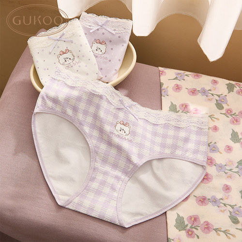 Gukoo/果壳内裤女四季款mikko系列花边纯棉裆底女士内裤三条装