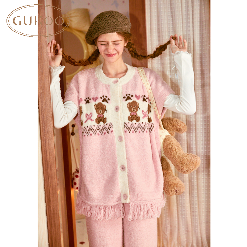Gukoo/果壳睡衣女冬款小熊系列雪尼尔马甲家居服套装