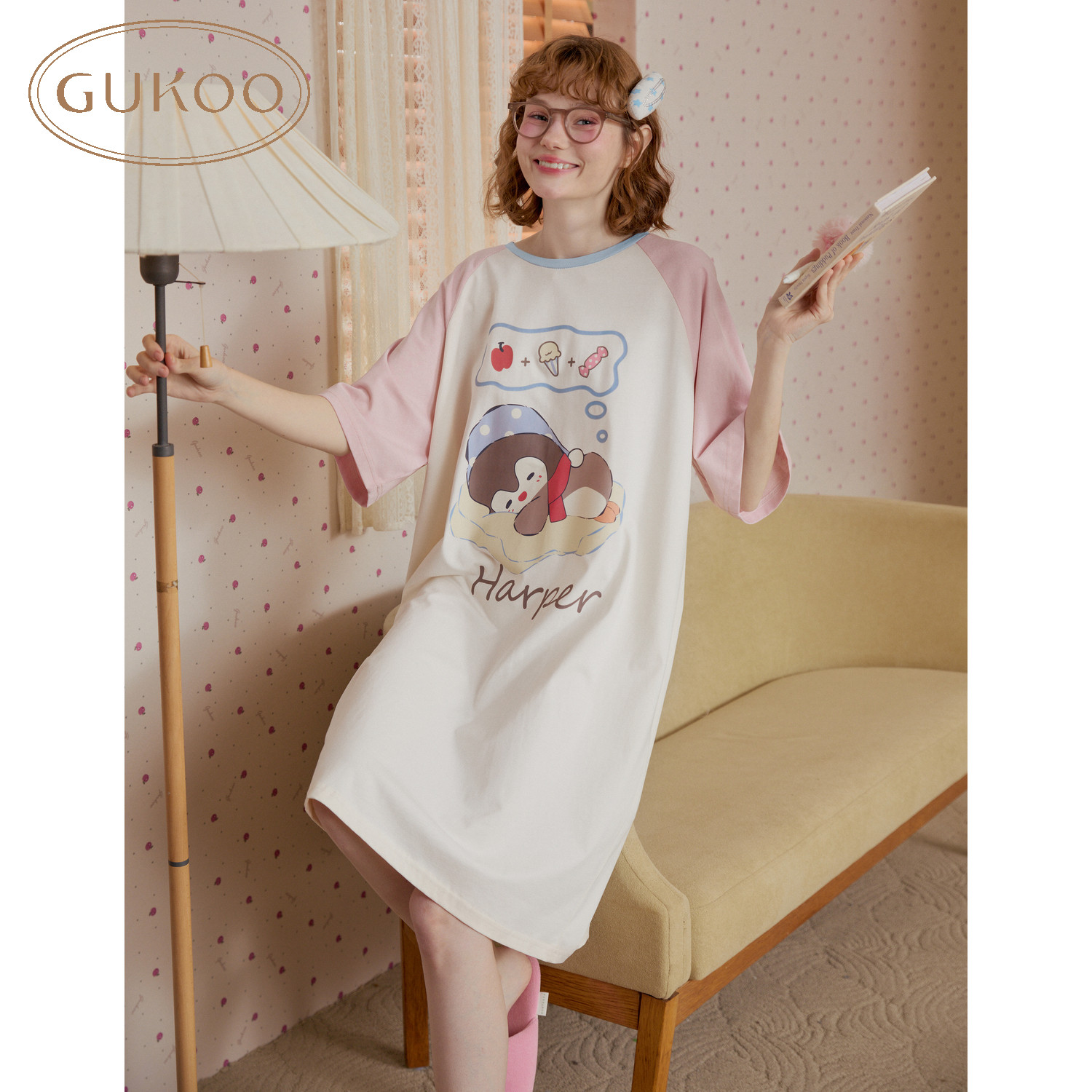 Gukoo/果壳睡衣女夏季粉色连衣裙可爱企鹅原创家居服少女短袖睡裙
