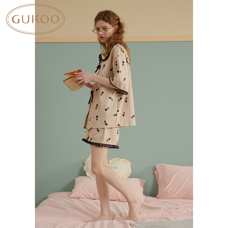 Gukoo/果壳娃娃领短袖家居服套装女夏款睡衣