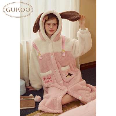 Gukoo/果壳睡衣女秋冬轰轰小狗系列加绒保暖连帽家居服睡袍