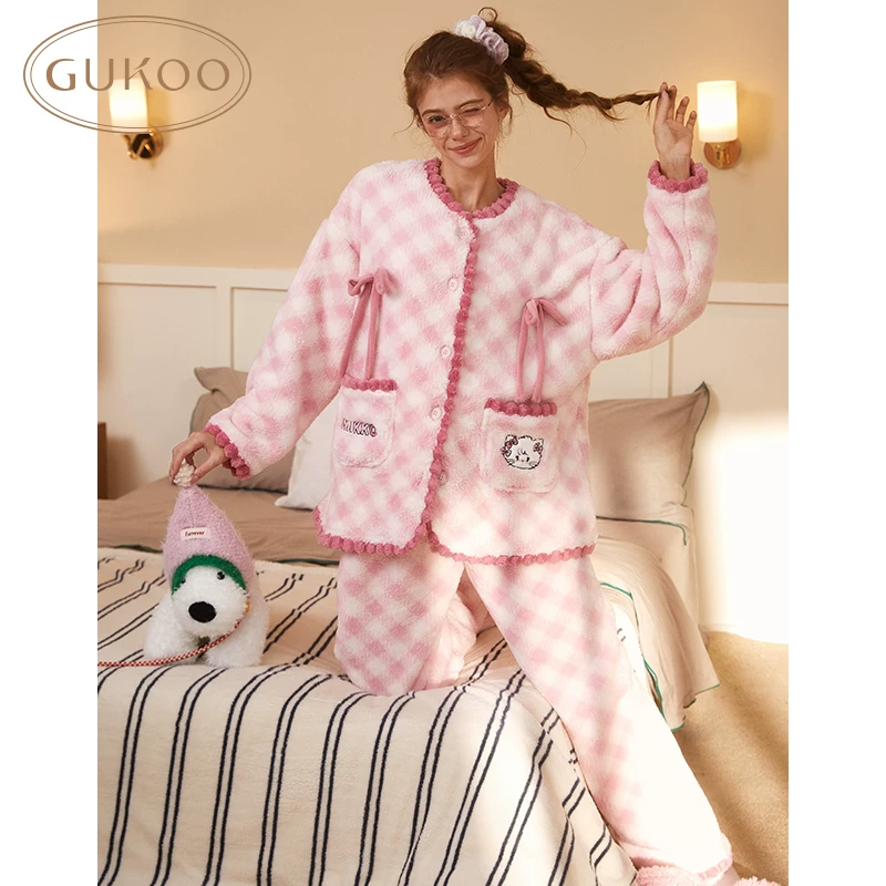 【反季清仓】Gukoo/果壳睡衣女冬款卡通满印加绒甜美家居服套装