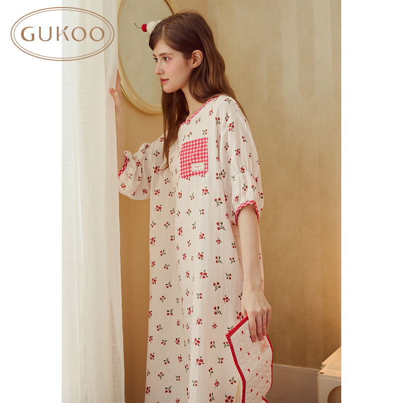 Gukoo/果壳睡衣女春秋款纯棉小花满印短袖家居睡裙