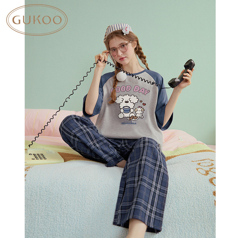 Gukoo/果壳睡衣女四季款miiiiichan联名格纹卡通可爱家居服套装