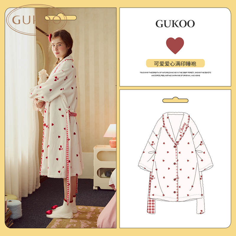 Gukoo/果壳睡衣女冬款轻红品爱心满印加绒家居睡袍