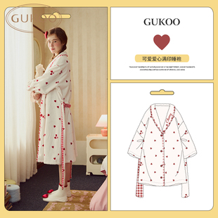 Gukoo/果壳睡衣女冬款轻红品爱心满印加绒家居睡袍