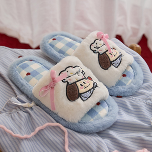 轰轰小狗系列格纹空调房毛绒家居拖鞋 Gukoo 款 女四季 果壳拖鞋