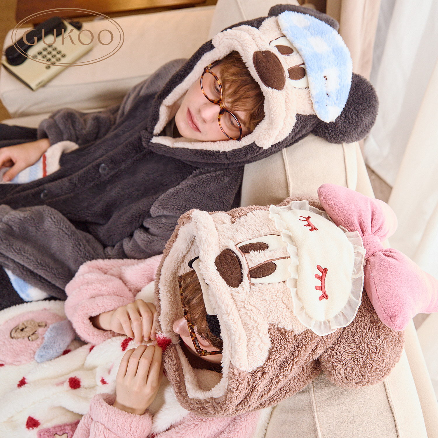 Gukoo/果壳睡衣情侣秋冬款迪士尼联名加绒保暖连帽家居服套装