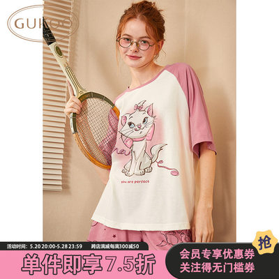 Gukoo/果壳睡衣女夏玛丽猫系列插肩短袖女家居服套装