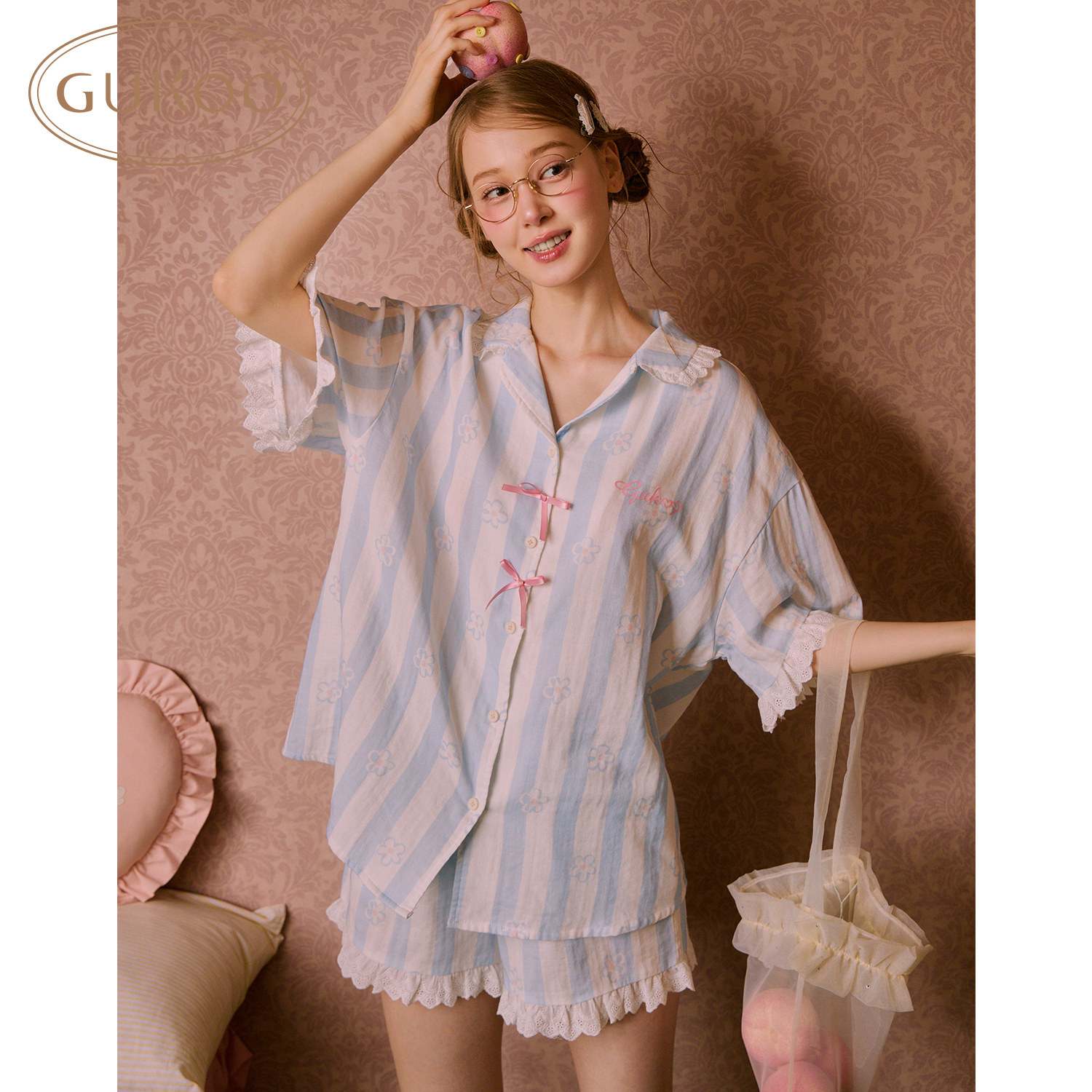 Gukoo/果壳【双层棉纱100%棉】睡衣女夏季新款条纹纯棉家居服套装