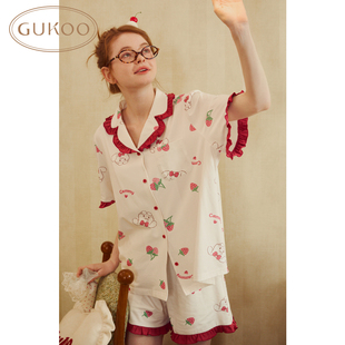 Gukoo 果壳睡衣女夏款 mikko系列满印花边短袖 家居服套装