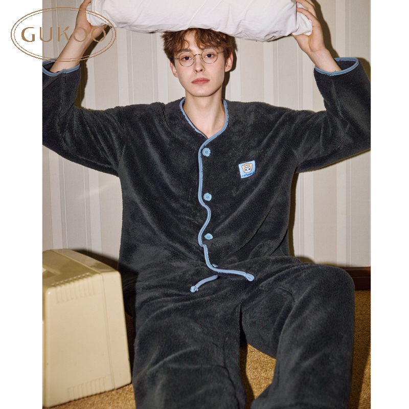 Gukoo/果壳睡衣男冬款鲨鱼猫系列可外穿家居服套装