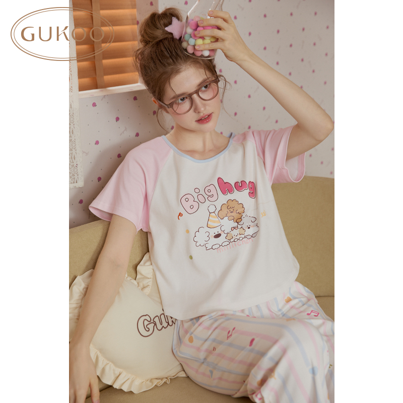 Gukoo/果壳睡衣女春秋新款miiiiichan系列甜美短袖长裤家居服套装