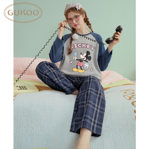 Gukoo/果壳睡衣女春夏米奇系列格纹高级感可外穿舒适家居服套装