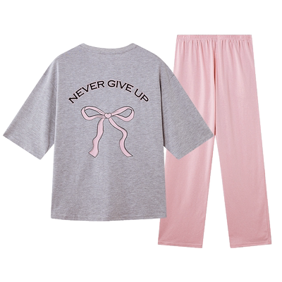 Gukoo/果壳睡衣女春秋款灰色蝴蝶结家居服套装