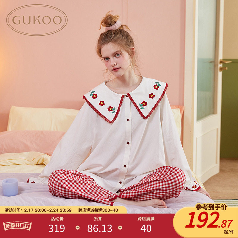 Gukoo/果壳睡衣女春秋纯棉100%棉舒适透气女士可外穿家居服套装